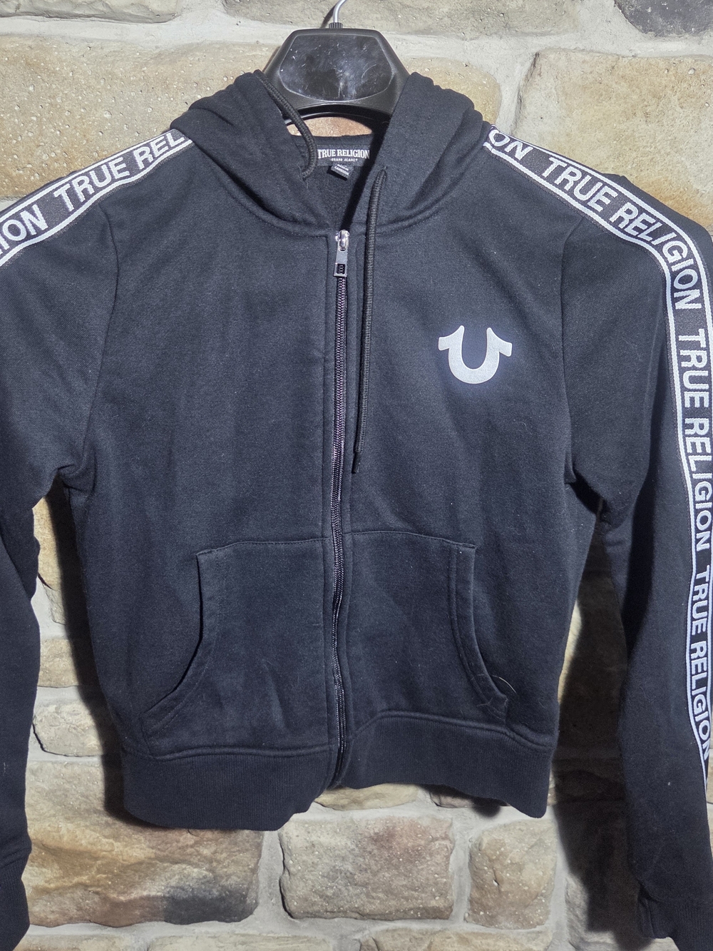 True Religion Women's Black Tape Logo Full Zip Hoodie Sweatshirt Size Small